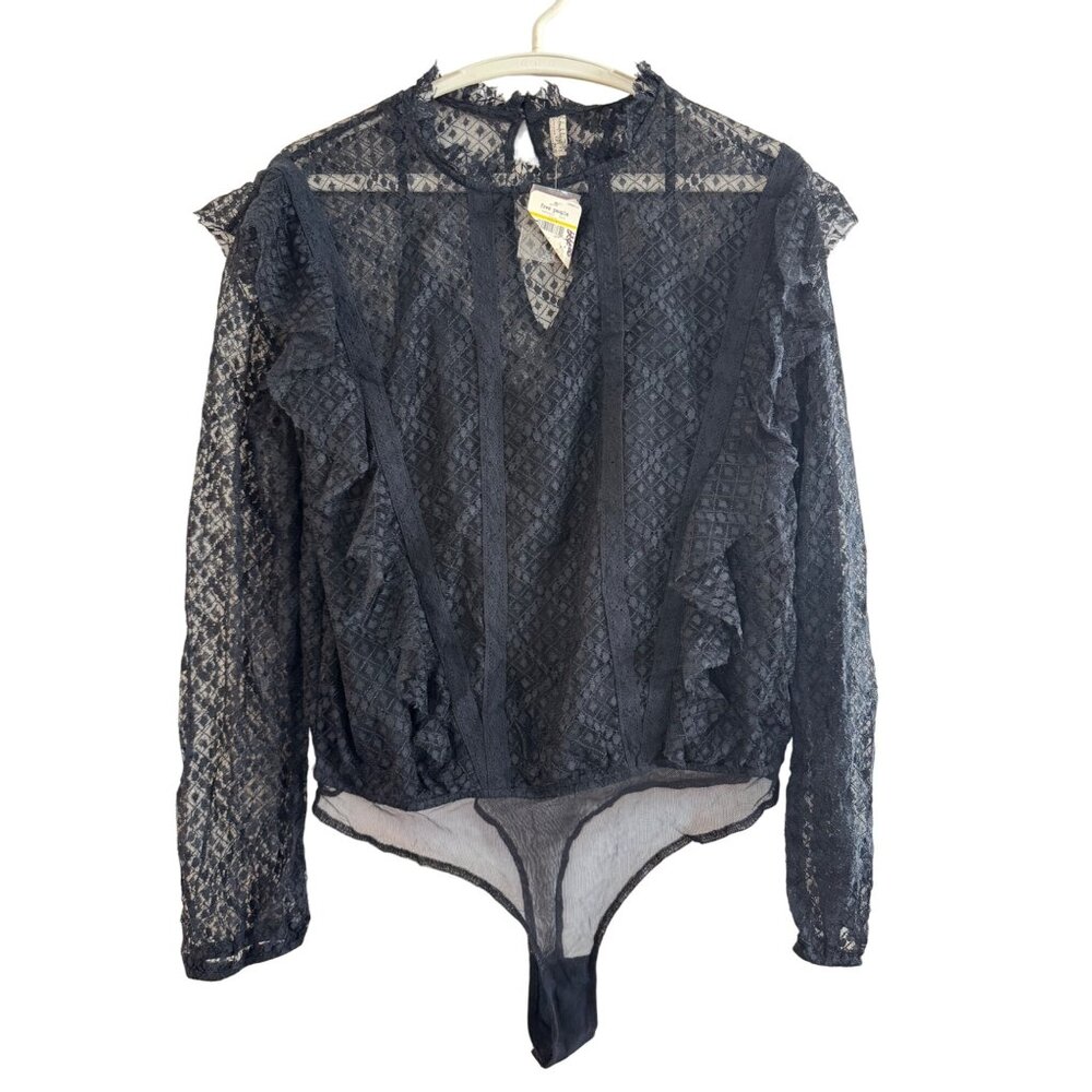 Free People Womens Medium Lace Bodysuit Black Long Sleeve Sheer Diamond Pattern